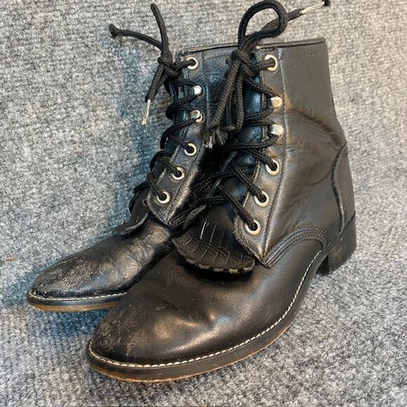Justin Boots Other - Vintage Justin Black Leather Kiltie Boots Kids 13.5 Lace Up Leather Granny USA